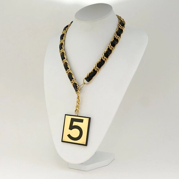 CHANEL No.5 Square Leather Necklace 39" Gold Tone 26 Auth w/BOX v1377 - Picture 2 of 6